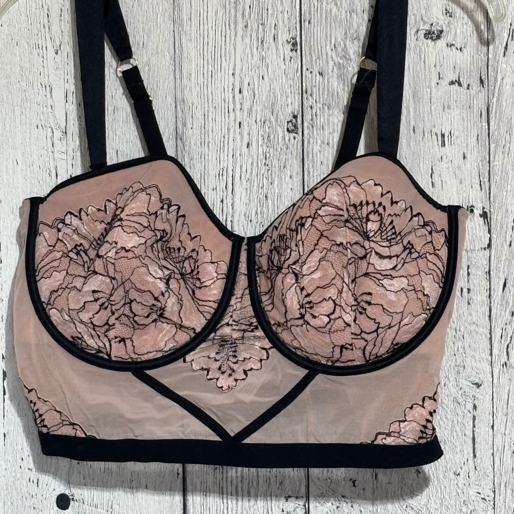 Auden Intimates Floral Lace Longline Bralette Underwire Pink Black XL